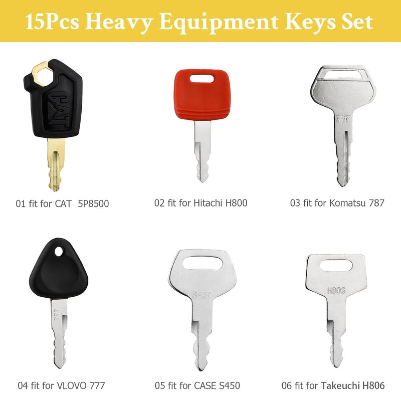 Tecreddy 15PCS Heavy Equipment Keys Master Set, Construction Keys for Cat Caterpillar 5P8500 John Deere AT195302 Komatsu 787 Volvo 777 Bobcat D250 JCB 14603 Case S450 Hitachi H800 Hyster 166 Takeuchi H806 - Image 3